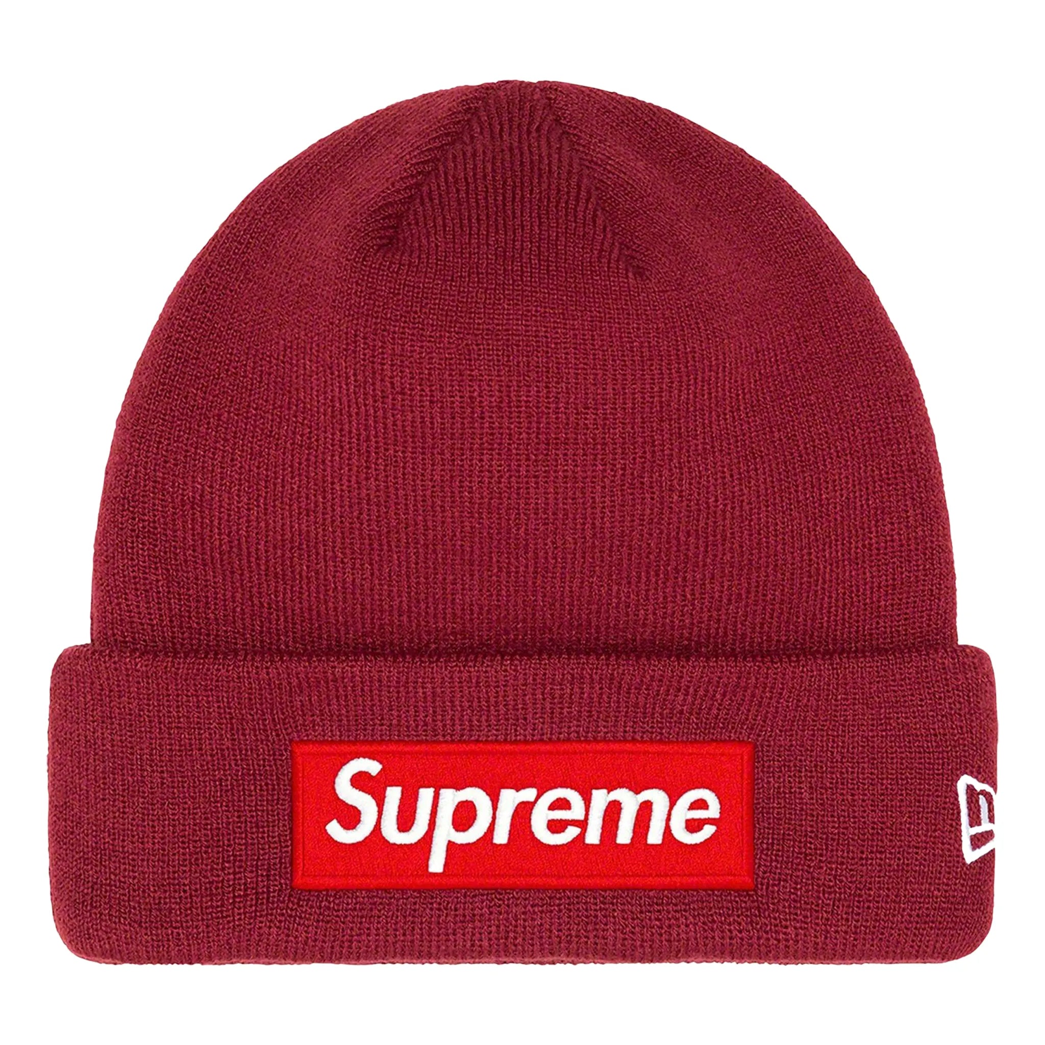 Front View of Supreme x New Era Box Logo Cardinal Beanie (FW22) FW22BN10-CARDINAL